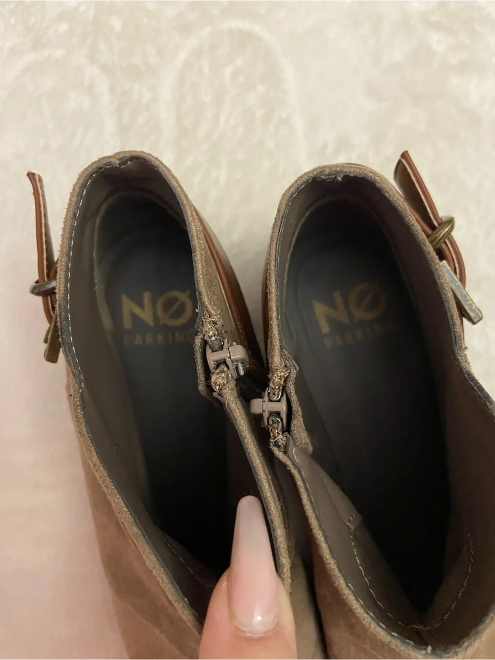 No parking Ailey Suede Ankle Booties with Side Buckle - Taupe